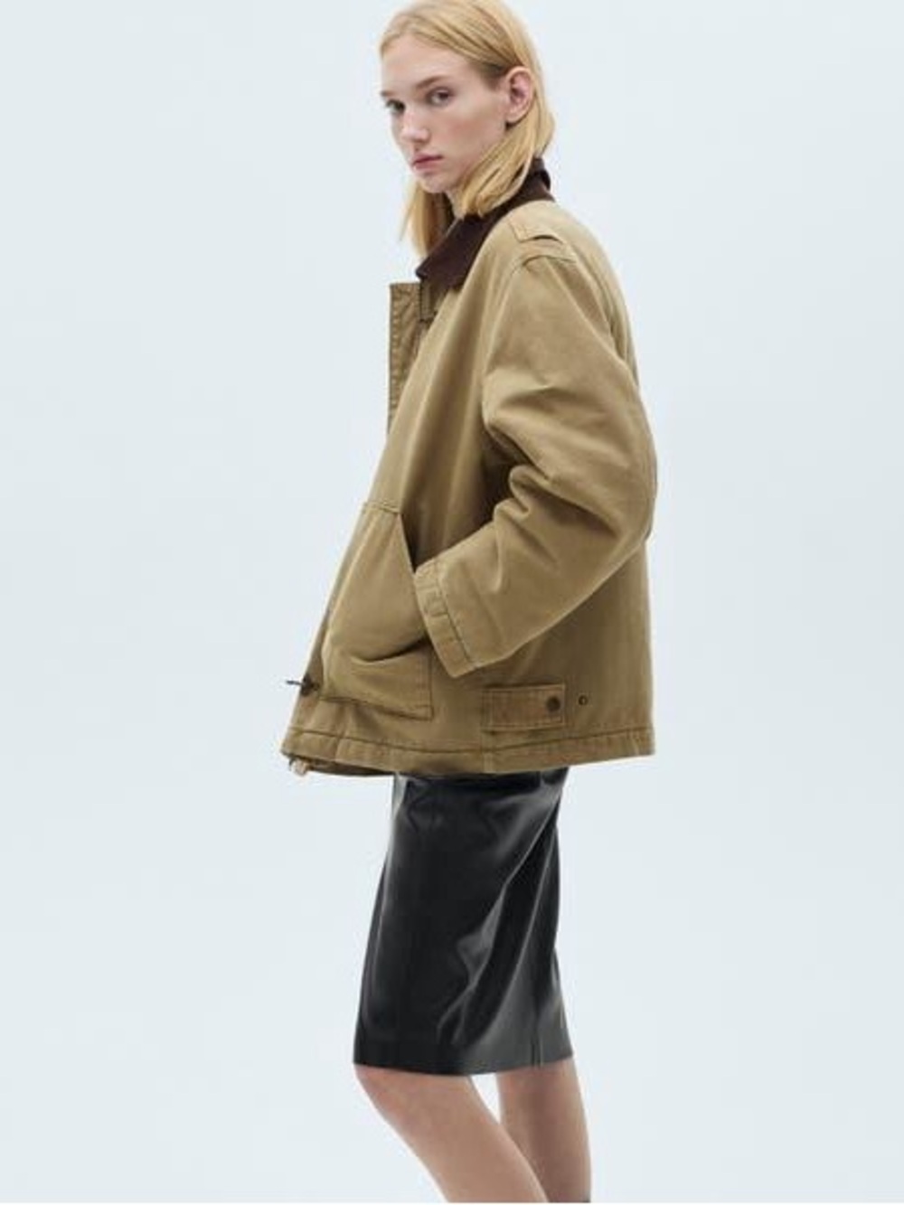 Mango Hannah Oversized Tan Utility Barn Chore Coat Jacket with Contrast Collar - Picture 2 of 4